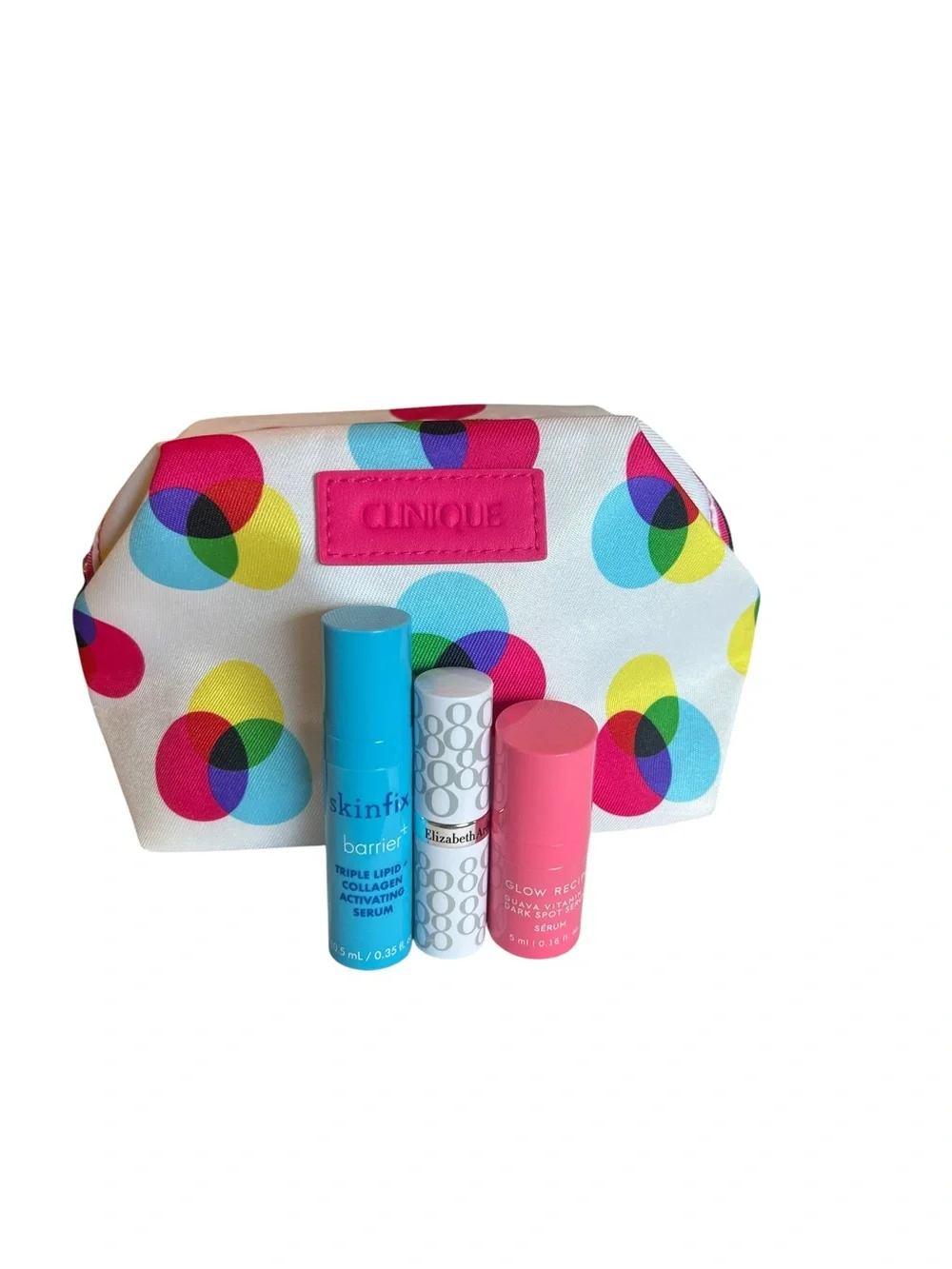 Clinique White Cosmetic Pouch with Multicolor Polka Dots and Mini Skincare Set